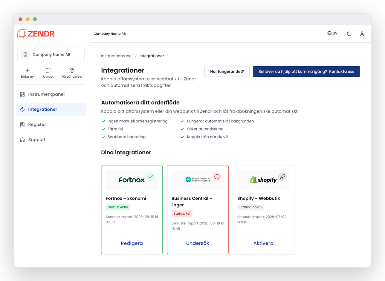 Integrationssidan i nya portalen för att koppla affärssystem och webbutiker.