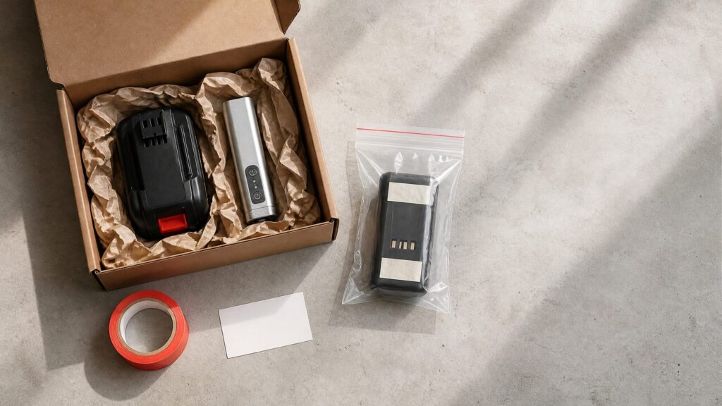 Åpen kraftkartong med et verktøybatteri og en enhet i fyllpapir, og et reservebatteri i pose med teipede poler ved siden av