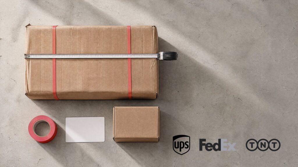 Stort kraftkolli med korallröda spännband mäts med måttband, ett normalstort paket intill, med logotyper för UPS, FedEx och TNT