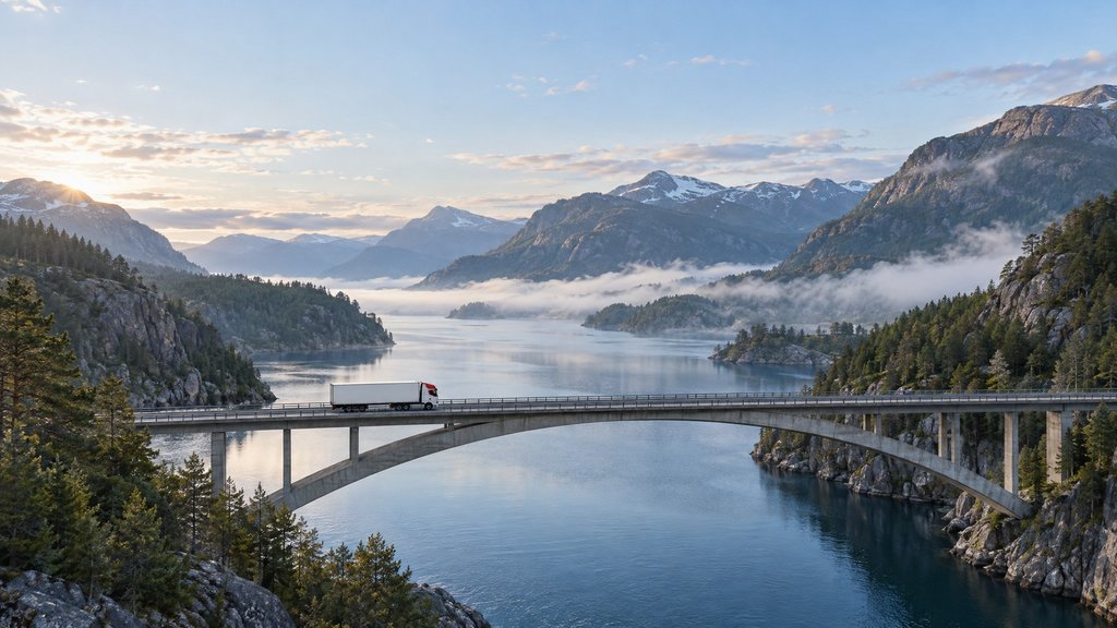 Lastbil kör över en bro över en fjord i morgondimma