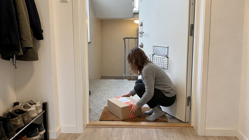 En kvinna hämtar ett paket från dörrmattan utanför sin lägenhetsdörr